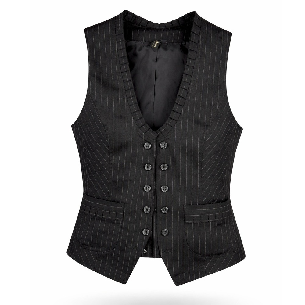 Y2K Ambition Black Pinstripe Ruffle Trim Vest Double Breasted Sz PS Petite Small